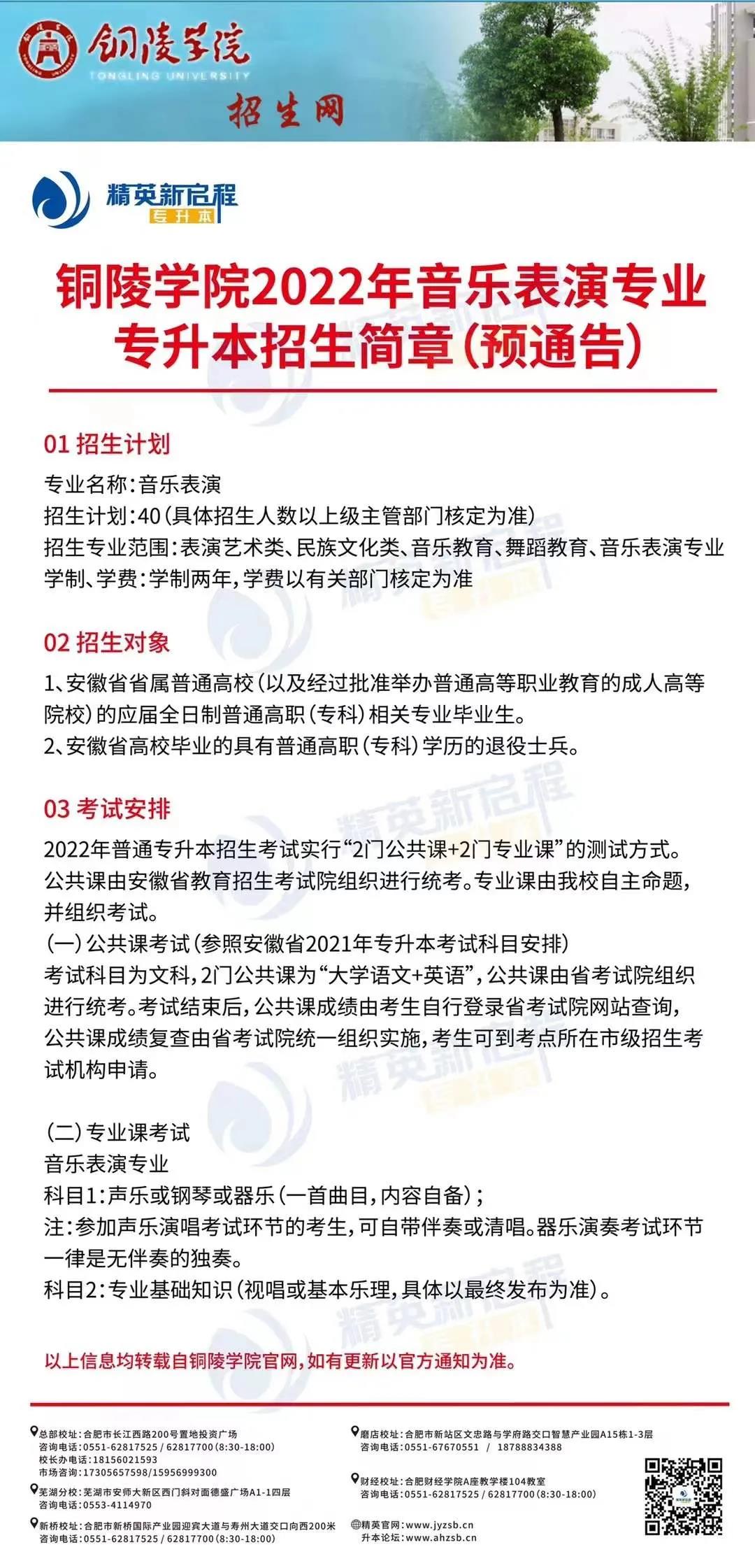 铜陵学院2022年音乐表演专业专升本招生简章