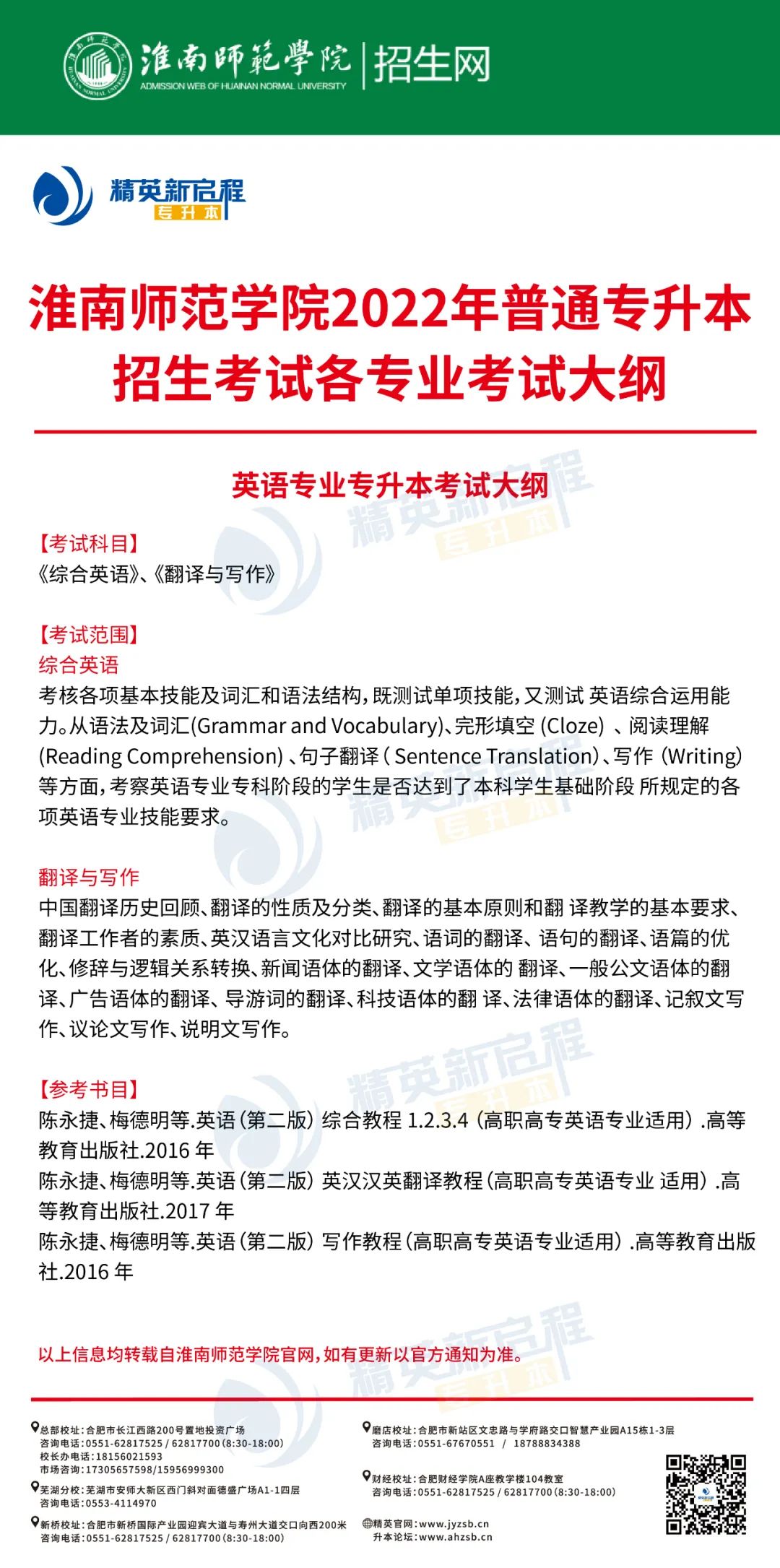 淮南师范学院2022年普通专升本